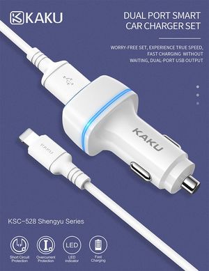 Cargador Para Auto Dual USB con Cable-1m (Tipo-C) Carga Rápida 2.8 A-Android-Samsung KAKU KSC-528 Blanco