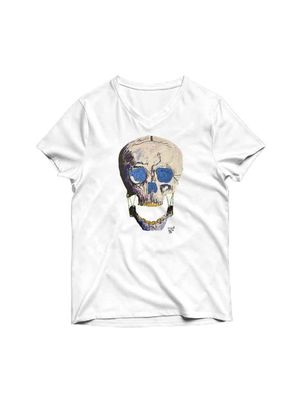 T-Shirt Para Hombre Cuello V Blanca K-la-K Ojos Azules / Grande (100% Algodón) / Perrito Guapo