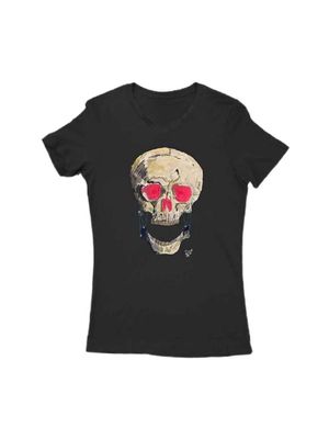 T-Shirt Para Mujer Cuello V Negra K-la-K Ojos Rosas / Mediana (100% AlgodÃ³n) / Perrito Guapo