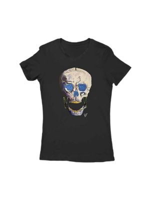 T-Shirt Para Mujer Cuello V Negra K-la-K Ojos Azules / Mediana (100% Algodón) / Perrito Guapo