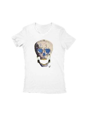 T-Shirt Para Mujer Cuello V Blanca K-la-K Ojos Azules / Mediana (100% Algodón) / Perrito Guapo
