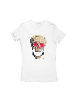 T-Shirt Para Mujer Cuello V Blanca K-la-K Ojos Rosas / Mediana (100% Algodón) / Perrito Guapo