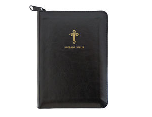 Biblia Católica en español (símil piel negro, con cremallera, tamaño compacto)