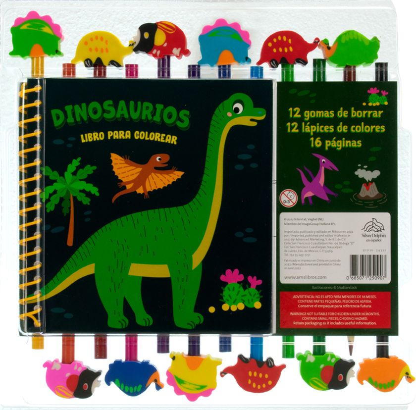 Dinosaurios libro para colorear (Incluye 12 lápices + 12 gomas). SILVER  DOLPHIN. Libro en papel. 0685071250907 Librería El Sótano